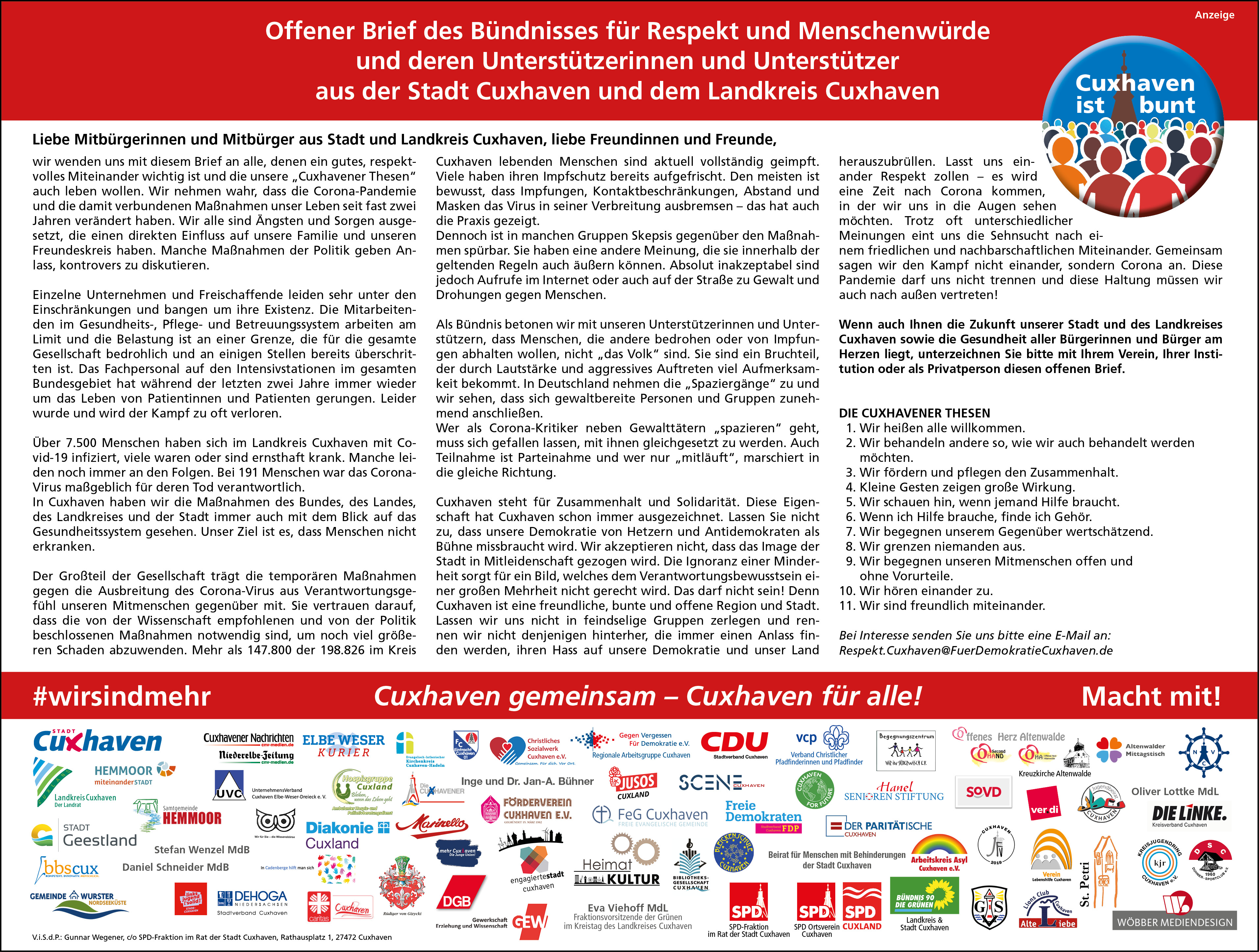 Offener Brief des Bündnisses für Respekt und Menschenwürde und deren Unterstützerinnen und Unterstützer aus der Stadt Cuxhaven und dem Landkreis Cuxhaven Offener Brief des Bündnisses für Respekt und Menschenwürde und deren Unterstützerinnen und Unterstützer aus der Stadt Cuxhaven und dem Landkreis Cuxhaven