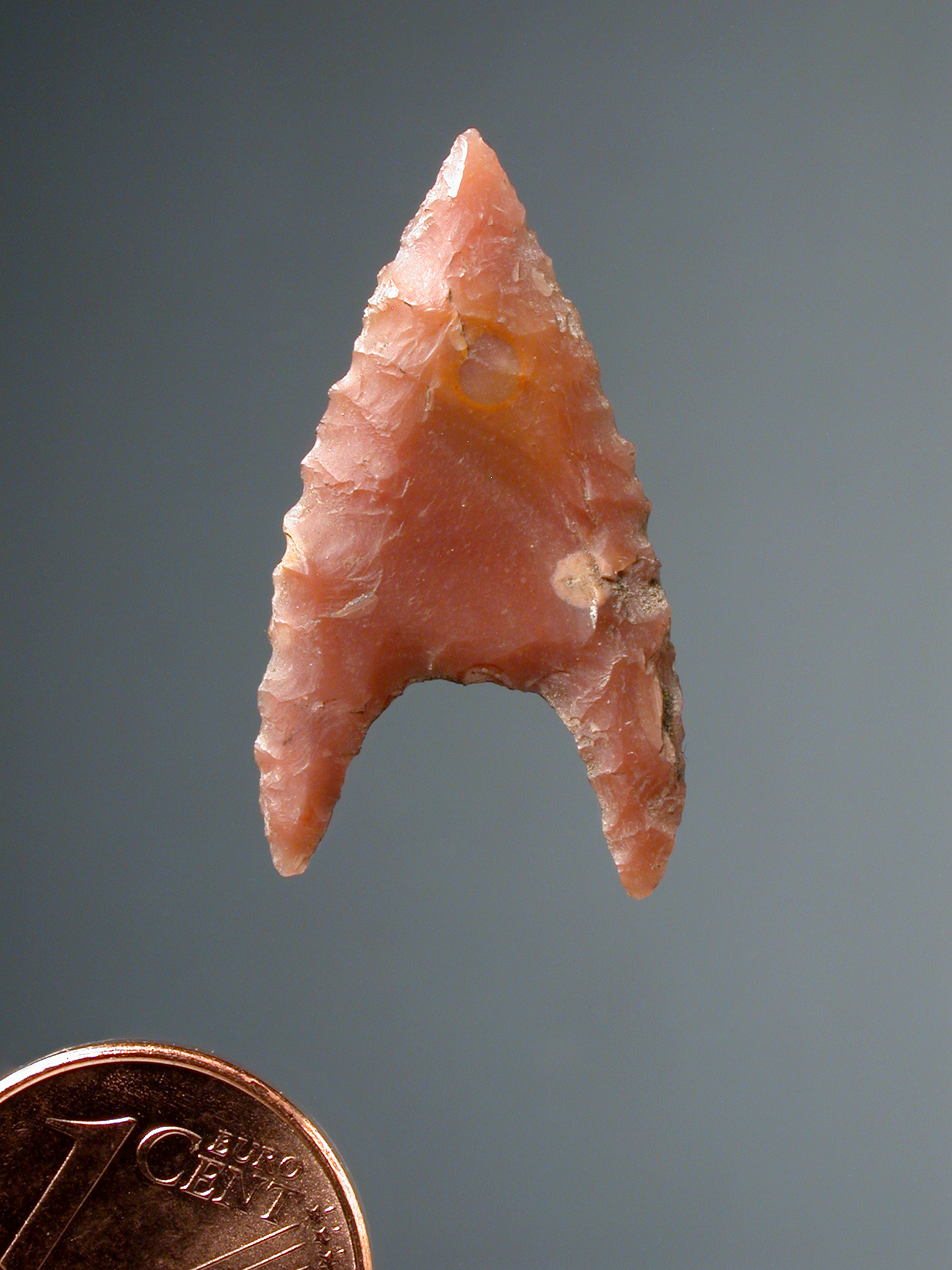 Pfeilspitze aus rotem Helgoländer Flint von der Insel Sylt. Foto: L. Fischer, ALSH. Pfeilspitze aus rotem Helgoländer Flint von der Insel Sylt. Foto: L. Fischer, ALSH.